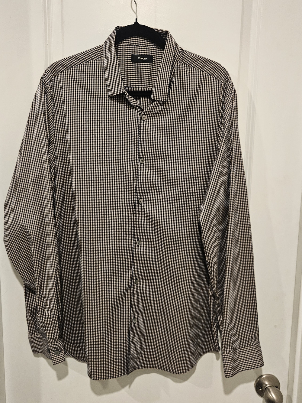 Theory Men's Tan & Navy Micro Check Dress Shirt Size XL